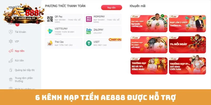 6 kênh nạp tiền AE888 được hỗ trợ